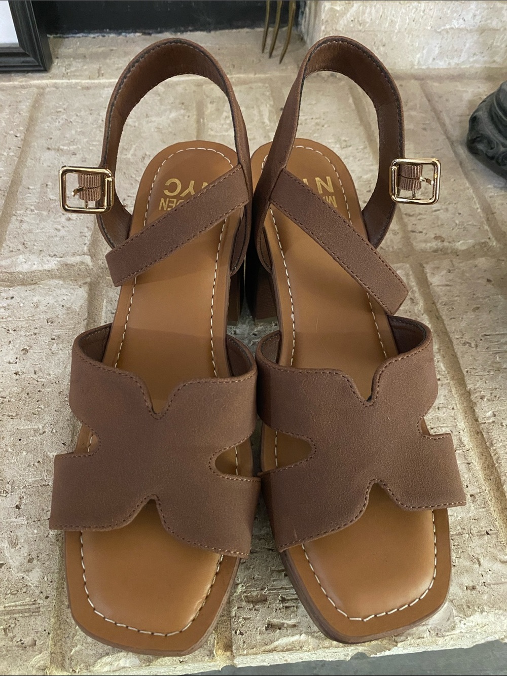 Women's Madden NYC Brown Suede Block Heel Sandals with Ankle Strap